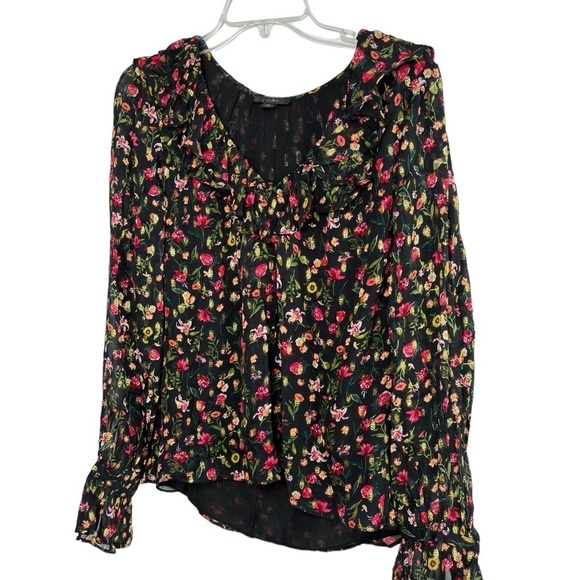 J CREW Ruffleneck Peasant Top Black Flora Gold Metallic Blouse Womens Large NWOT - Picture 3 of 15